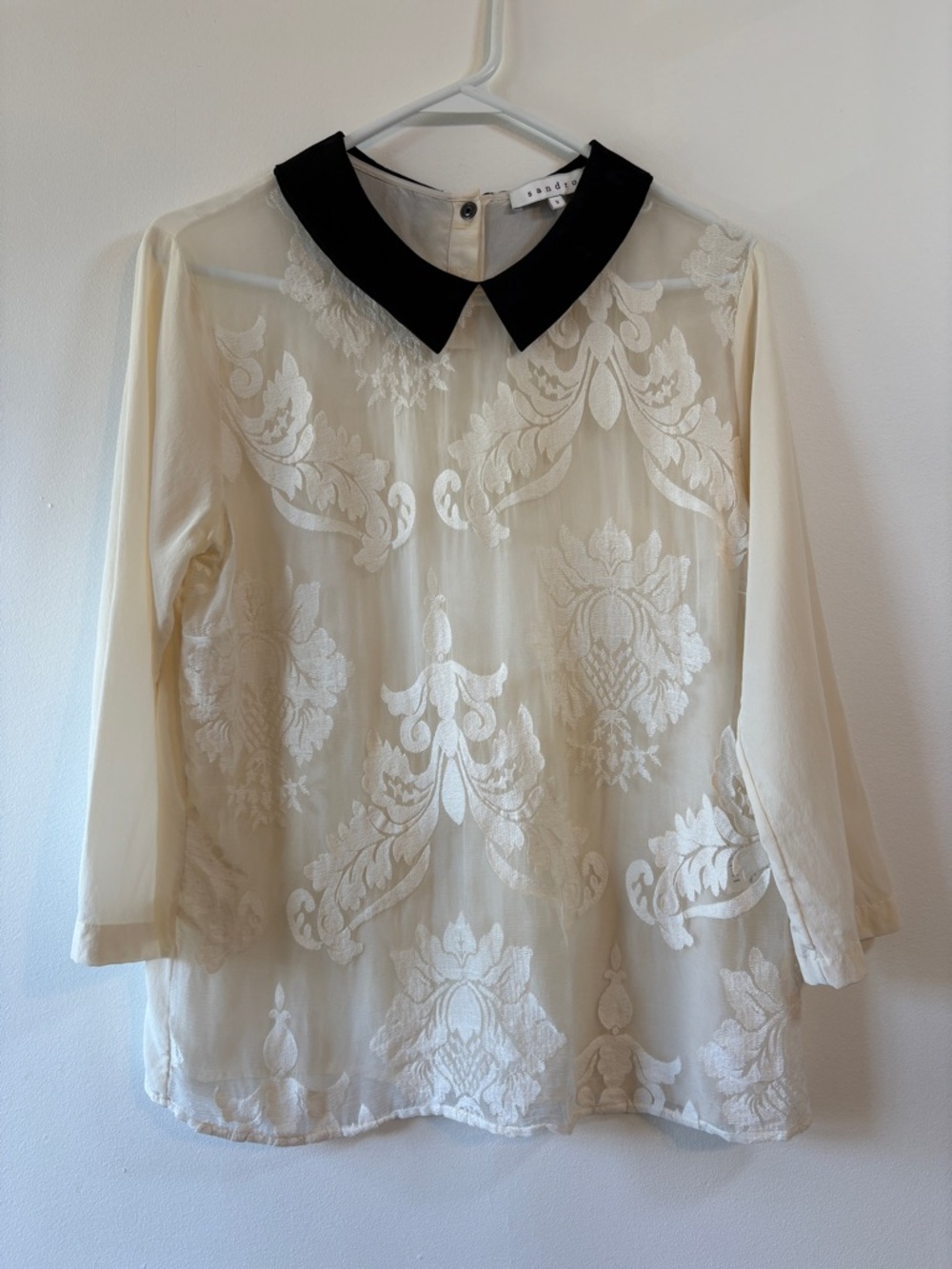 Sandro Paris Ivory Silk Lace Blouse Peter Pan Collar Sheer Romantic Top Size 3 - Picture 2 of 11